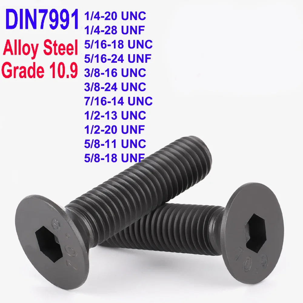 DIN7991 Allen Key Screws 1/4 5/16 3/8 7/16 1/2 5/8 UNC UNF Grade 10.9 Alloy Steel Black Countersunk Head Hex Socket