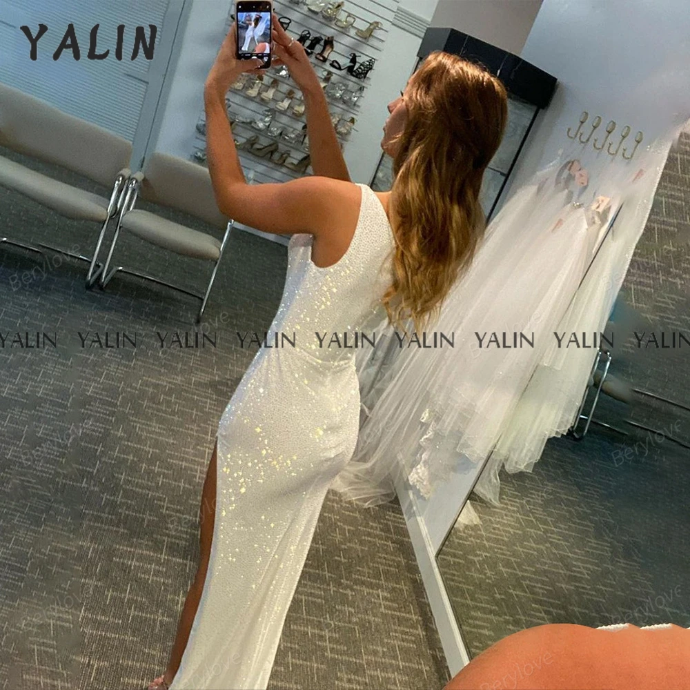 YALIN-vestido de noche largo con purpurina y abertura alta, traje de sirena de lujo para baile de graduación, lentejuelas, cola de barrido, marfil