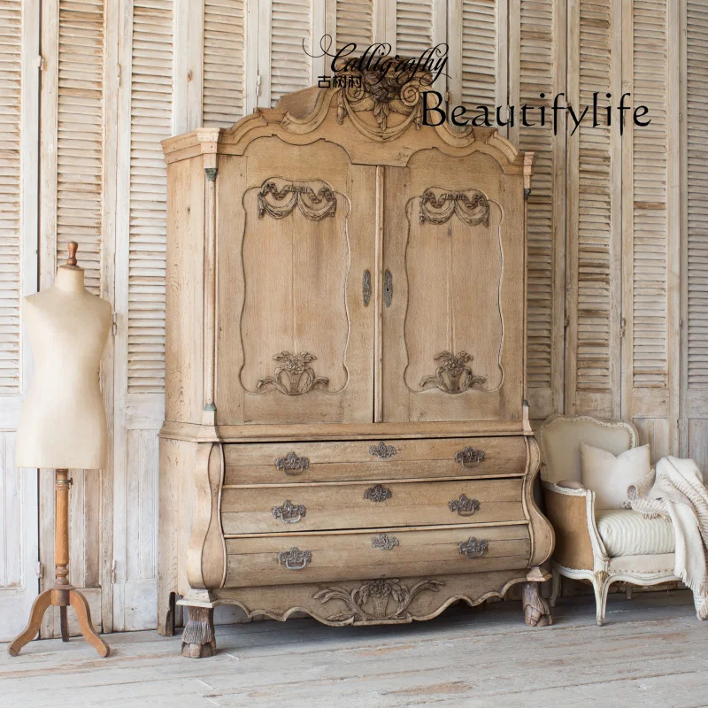 

American country furniture, French retro solid wood carving flower wardrobe, antique decoration side cabinet locker