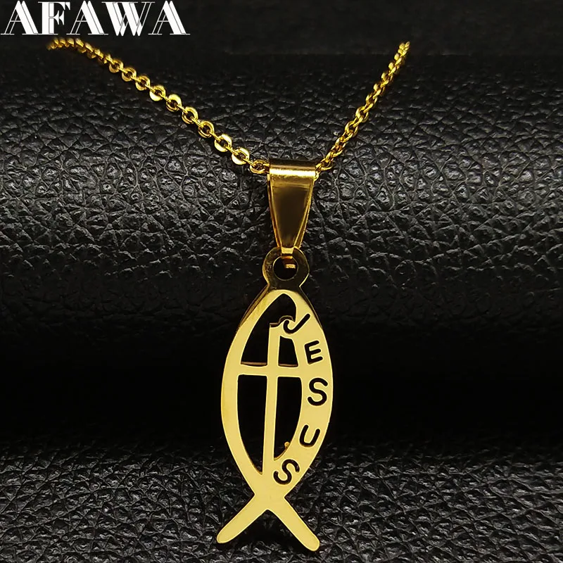 Christian Fish JESUS Cross Stainless Steel Pendant Necklacese for Men Women Gold Color Chain Jewelry collar de pez jesus N1482