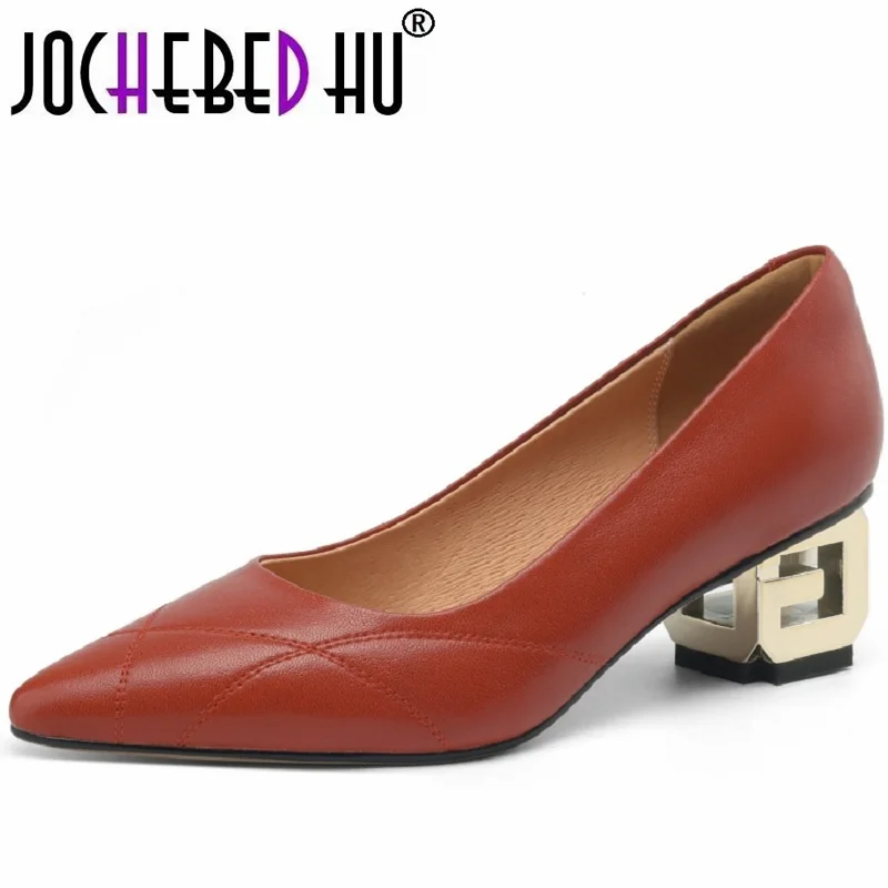 【JOCHEBED HU】Brand Fashion Genuine Leather Female Heel Single Spring Ladies Office Pumps Pointed Toe  Slip On Work Shoes 34-42