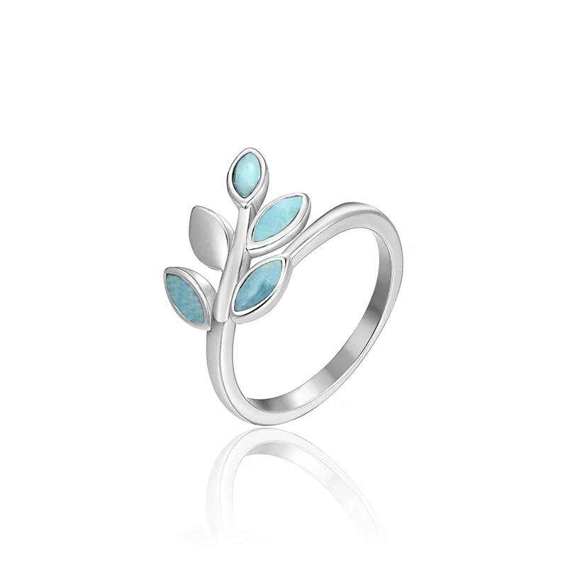 Fashion Natural Precious Stone Larimar 925 Sterling Silver Ring Olive Tree Branch Leaves Ring for Women Charms Jewelry