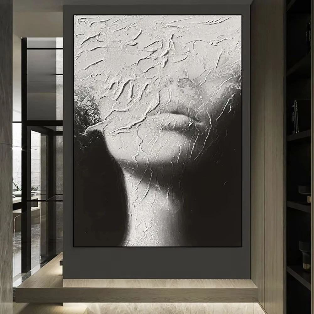 100% Handmade Black White Portrait Oil Paintings Nodic Abstract Figure Canvas Painting Artworks for Living Room Home Wall Decor