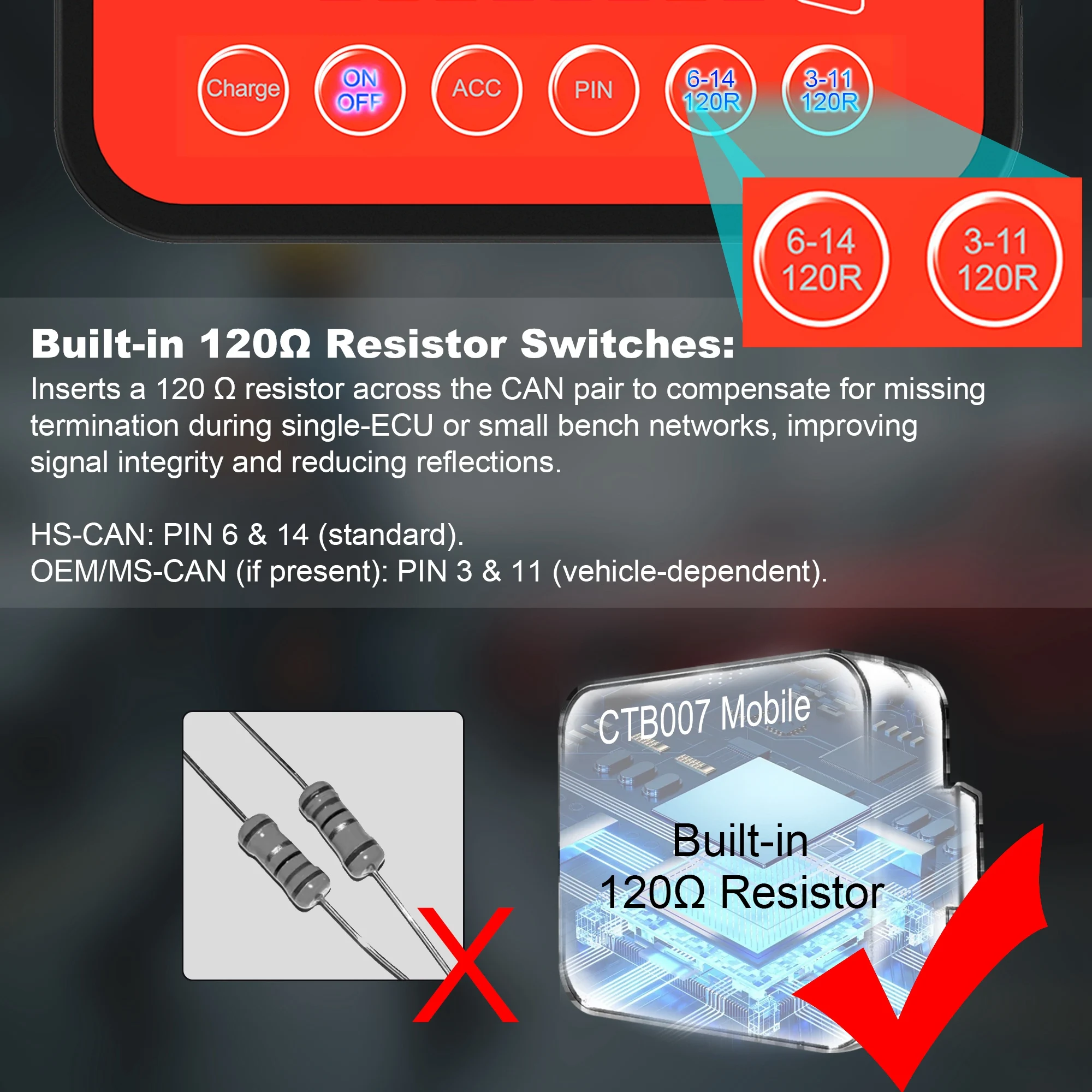 YAO WOYO CTB007 Mobile ECU Circuit Board Testing Tool, Portable Mobile Version of the Battery, CAN Tester Box With 120 Ω Switche