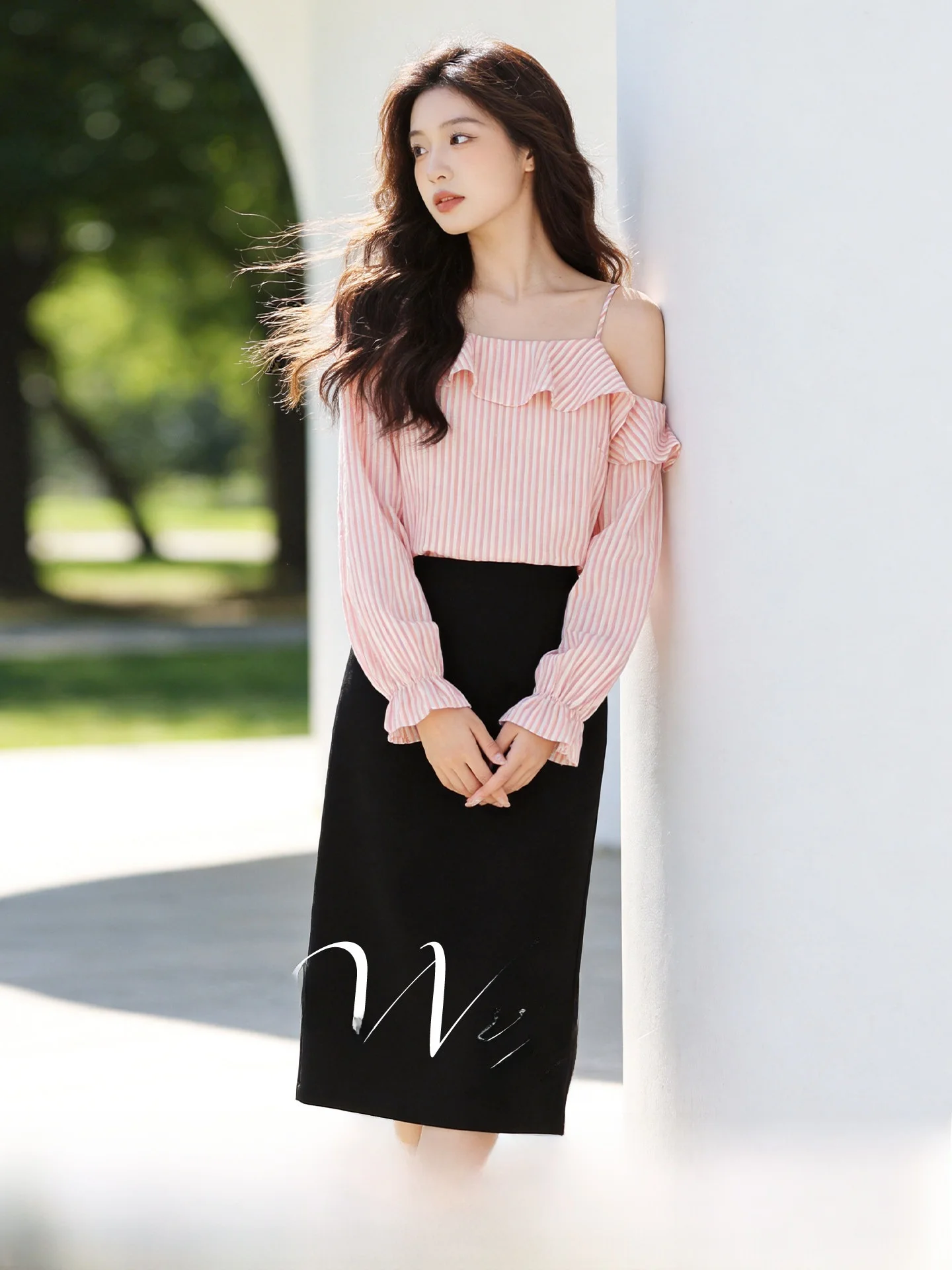 

Summer New Sweet Style Women's plus Size Matching Set Strap Halter Striped Shirt Half Skirt Casual High Waist A-Line Skirt