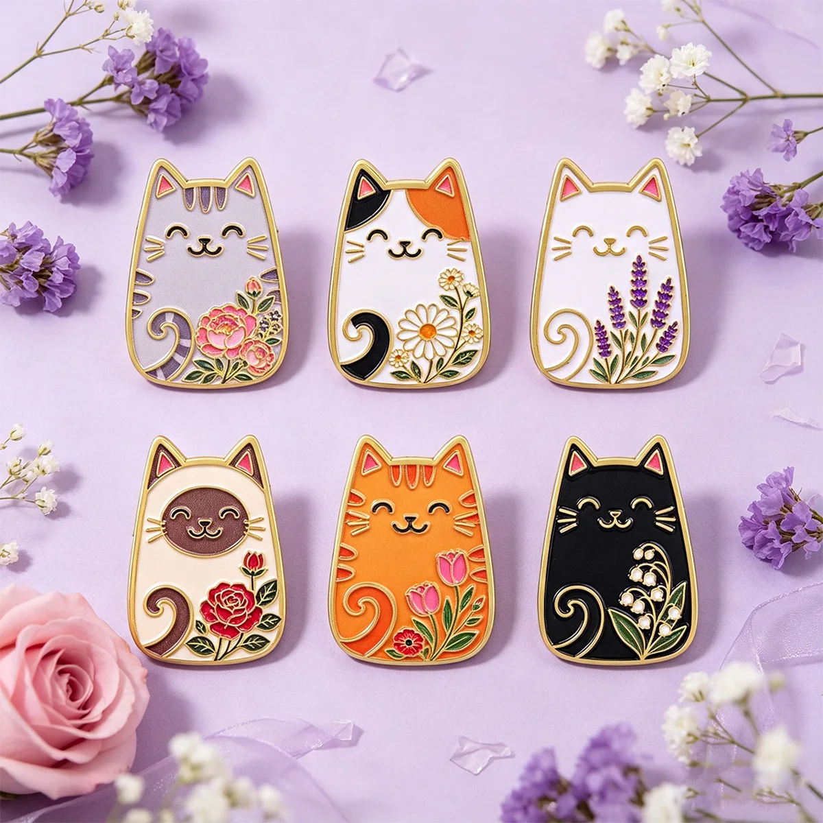 Florale Niedliche Katzen-Emaille-Pins Cartoon-Tiere Metall-Reversnadel Abzeichen Blumenmuster Schmuck Jeansjacke Rucksack Deko Geschenke – Detail 4