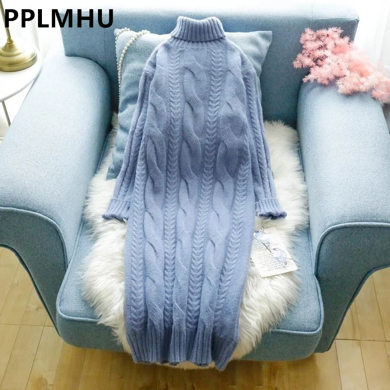 Winter Turtleneck Twist Knitting Dresses Women Warm Candy Color Rib Knited Pullover Dress Elegant Chic Solid Sweater Dresses