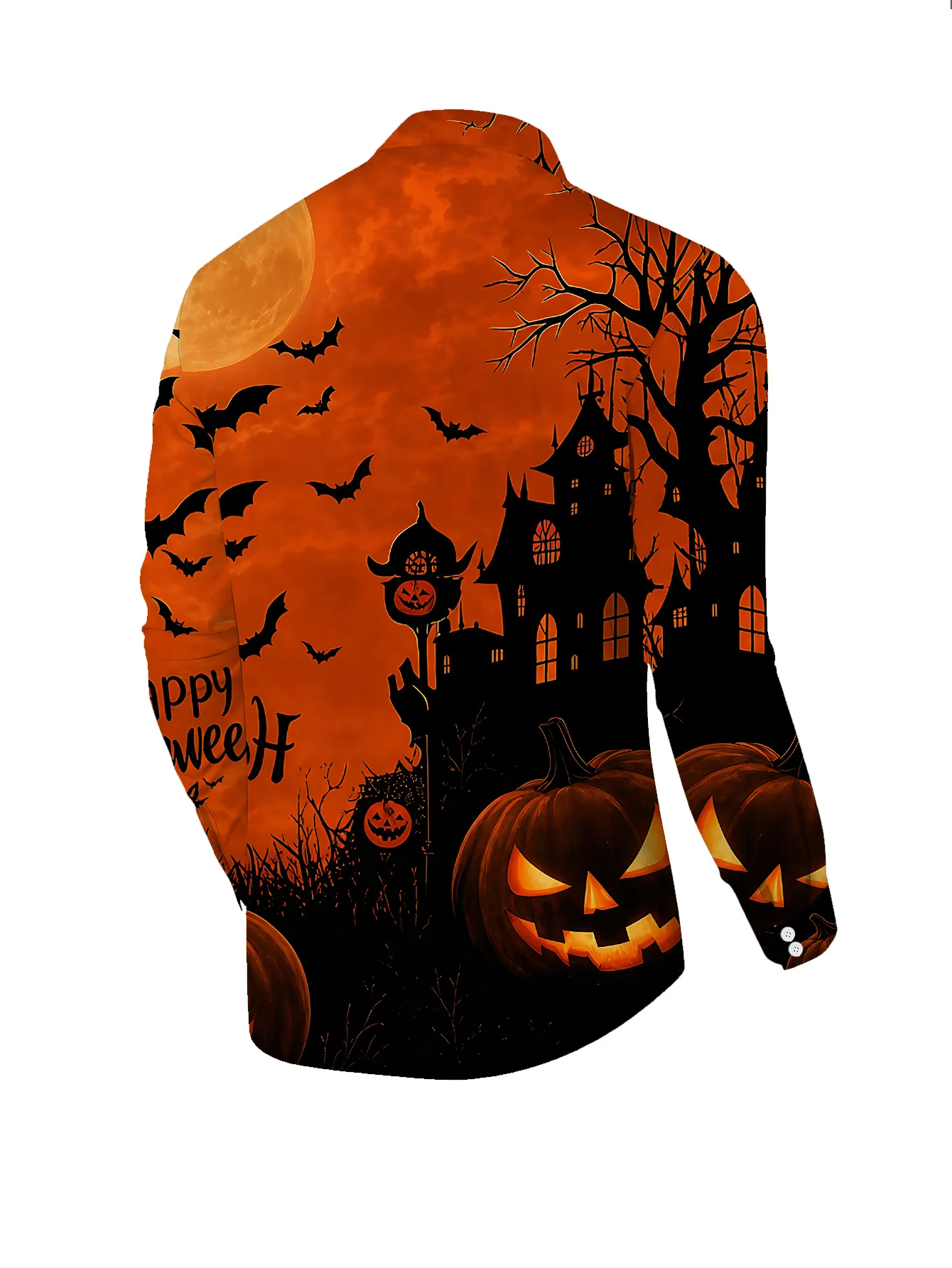 Autumn Men Lapel Collar Shirt Spooky Haunted House Pumpkin Bat Night Scene Graphic Polyester Long‑Sleeve Top