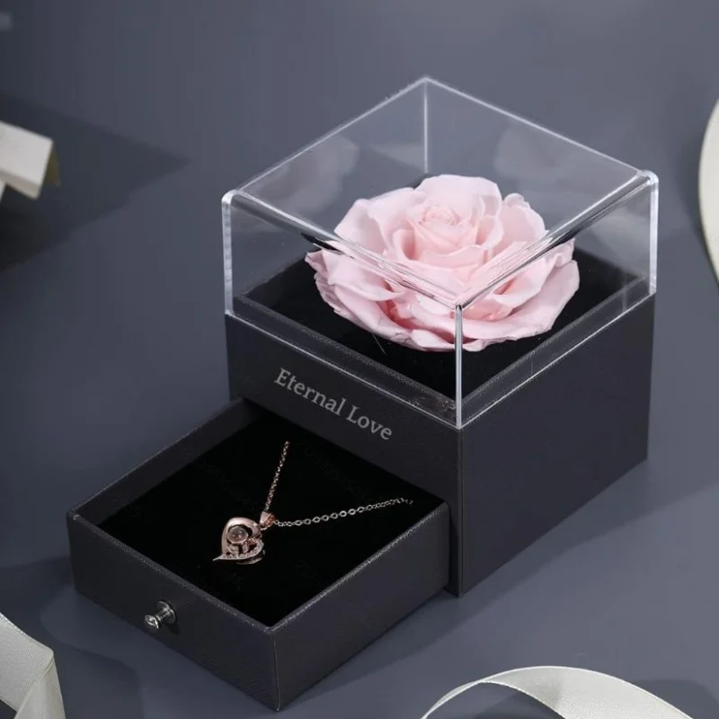 4Pcs Eternal Rose Jewelry Gift Box Projection Heart shaped Necklace Luxury Drawer Rose Box Romantic Valentine's Day Birthday Gif