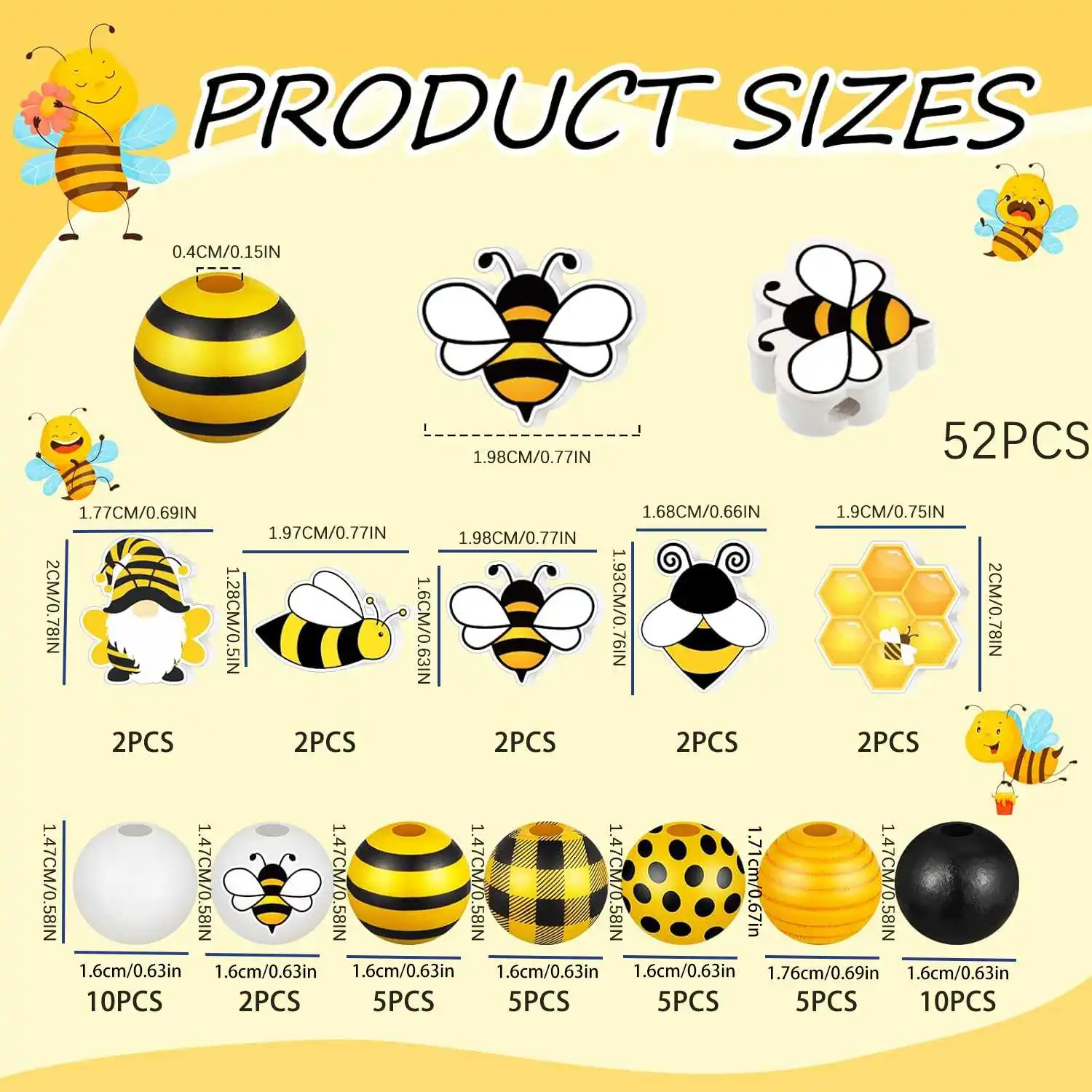 60 Stück Biene Holz perlen Holz biene Waben perlen Bauernhaus perlen runde Abstands perlen mit Loch für Halskette Armband