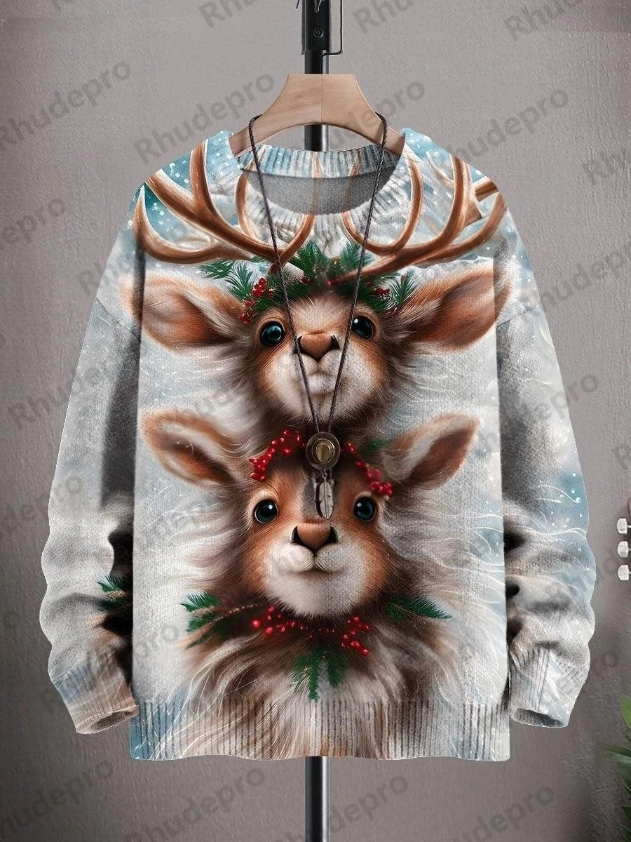 3D Printed Christmas Santa Elk & Cat Art Men's Knitted Pullover Sweater Winter Unisex Casual Knit Top In Red Green And White