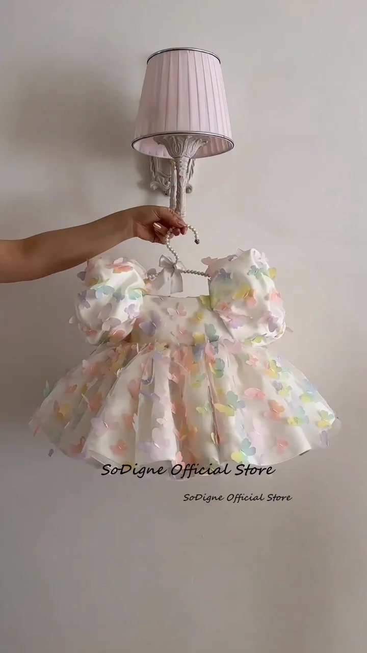SoDigne A-line Short Flower Girl Dress Square Collar Short Sleeves Girl Communion Dresses Children's Birthday Gowns Customized