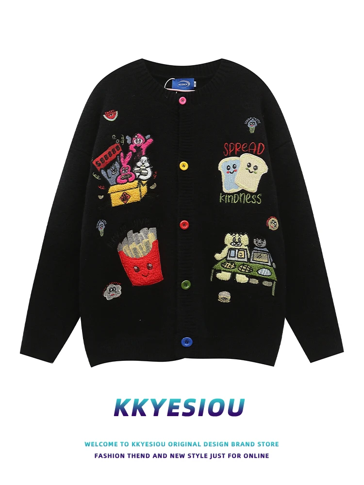 

KKyesiou Lazy Sle Cartoon Fun Dopne Knitted Cardigan ex American Retro Couple Sweater Outerwear Casual Loose Fit