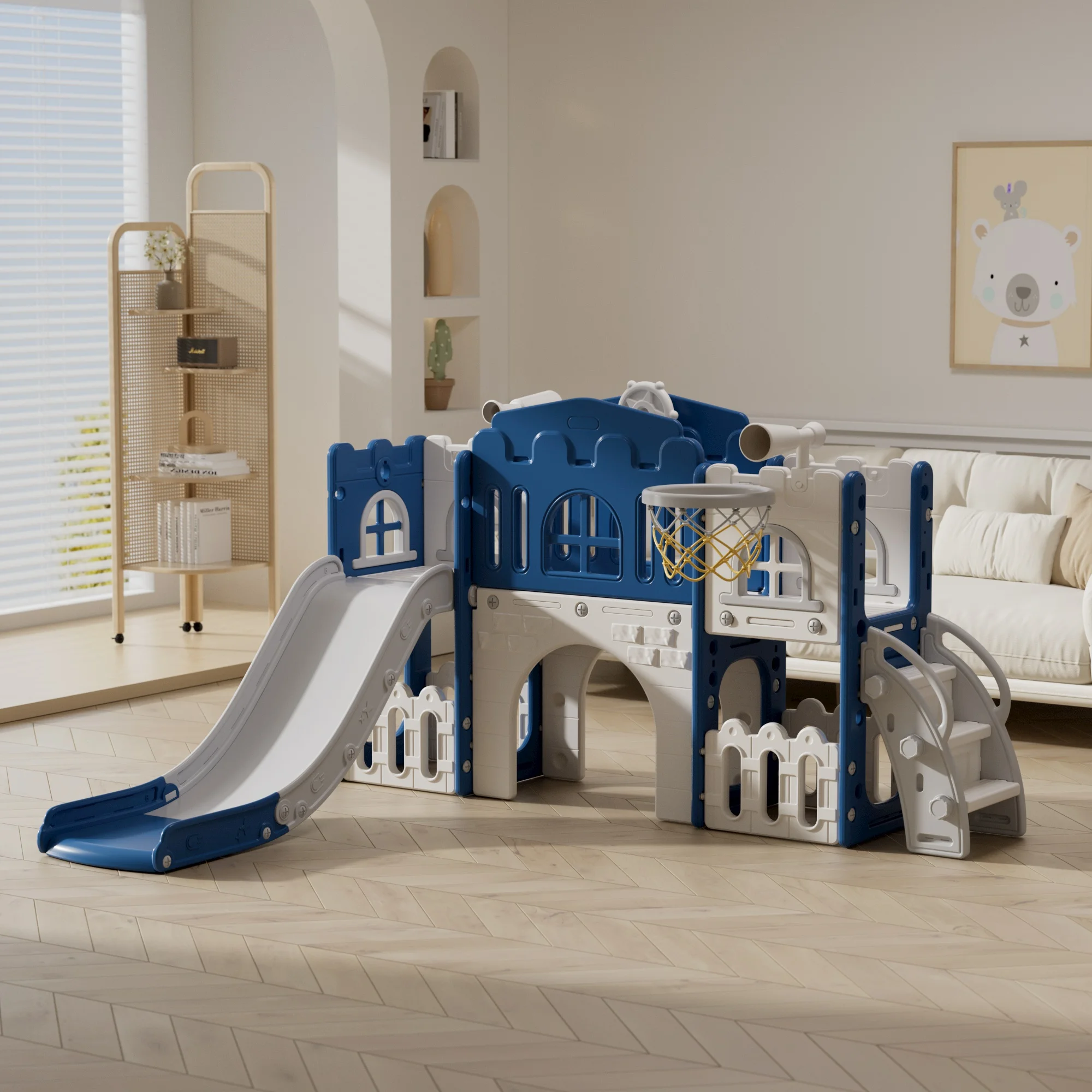 ملعب داخلي 8 في 1 للأطفال الصغار، مجموعة لعب للأطفال الصغار منزلق داخلي للأطفال من سن 1 إلى 3 سنوات، طوق كرة السلة، المتسلق، نفق الزحف #6