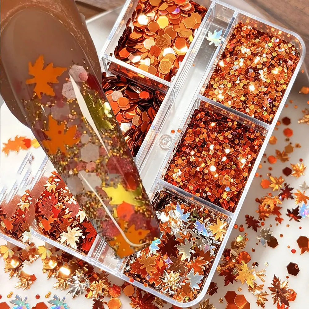 6Grids Autumn Maple Leaf Nail Glitter Sequins Golden Orange Red Maple Leaf Hexagon Nail Glitter Fall Thanksgiving Nail Art Decor