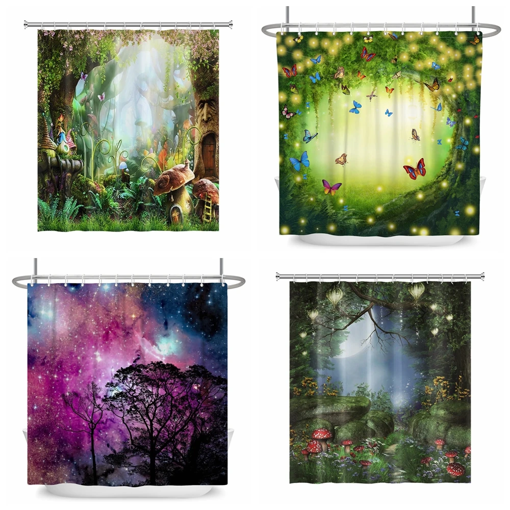 

Dreamy Forest Mushroom Bath Curtain Waterproof Shower Curtains Polyester Bath Curtain for Bathroom Home Decor with Hooks