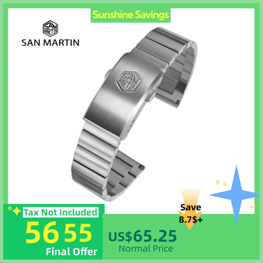 

Браслет San Martin высокого качества 316L из твердой нержавеющей стали, запчасти для часов с двумя звеньями и плоским концом, стандартный ремешок 20 мм