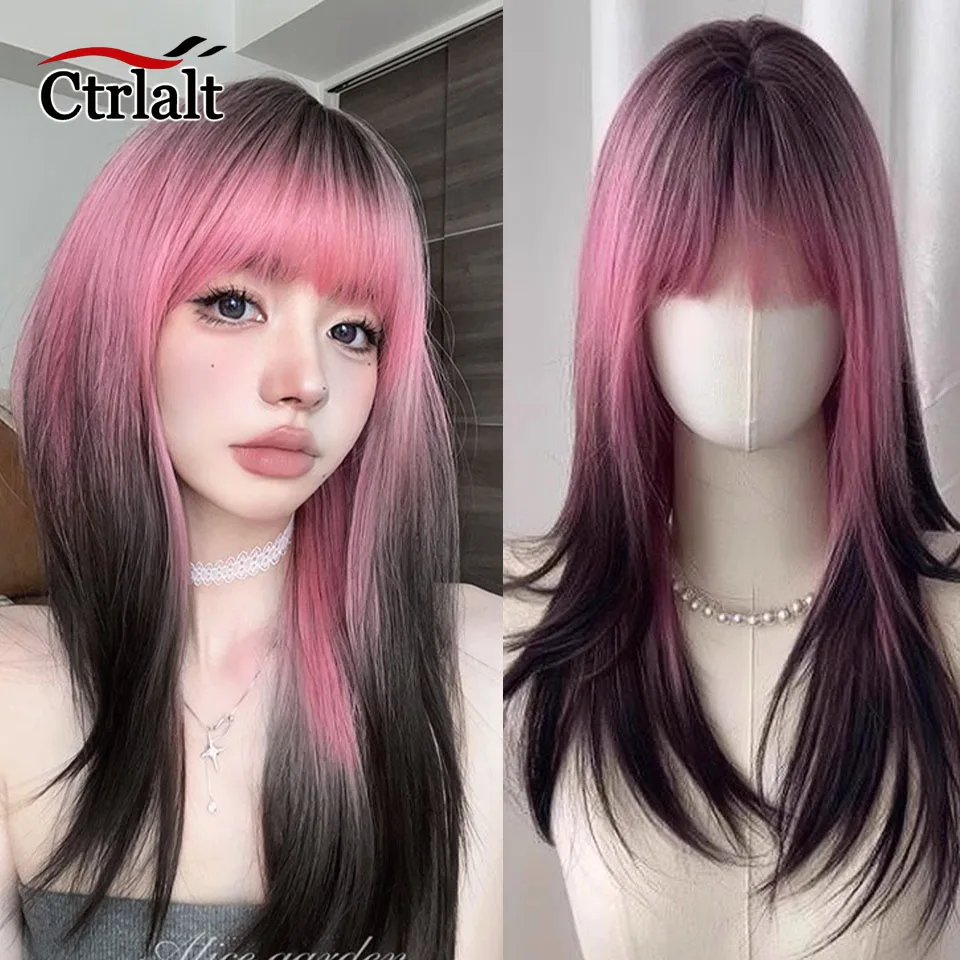 

Длинные черные, розовые синтетические парики с омбре с челкой, парики для косплея в стиле Лолиты для женщин, натуральный парик, парик для повседневного использования, парик для Хэллоуина