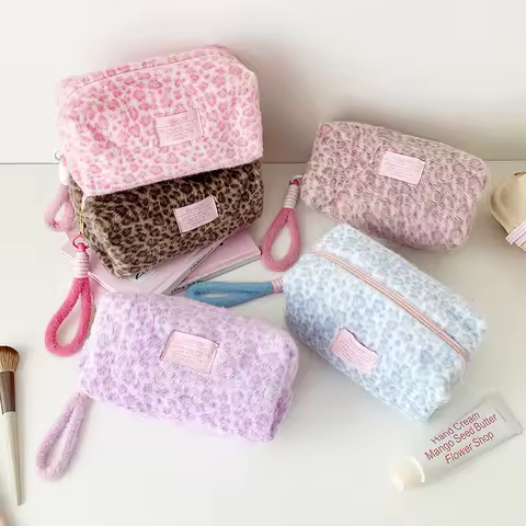 Leopard Print Plush Makeup Bags with Handle Portable Travel Cosmetic Storage Bag Toilet Bag Cute Pencil Case Fashion Handbag product image