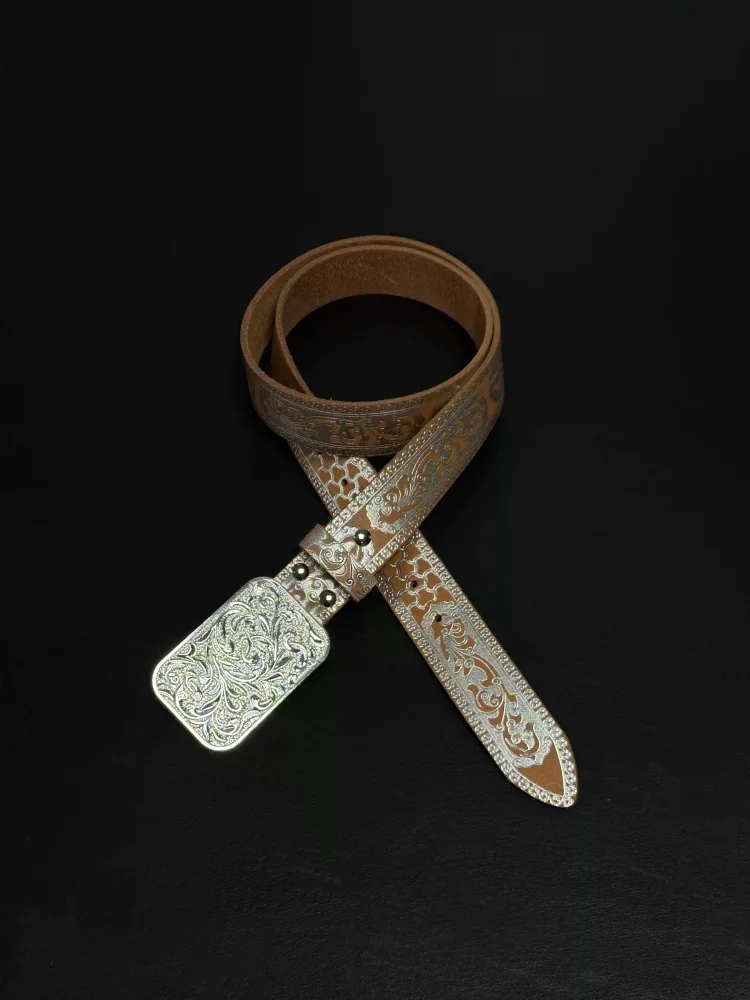 Silver Stripe Metal Retro Buckle Niche Design Adjustable Western Cowboy Carving Waist Belt For Man Pants Accessories