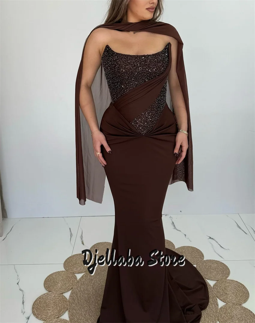 

Customized Prom Dresses Brown Beaded Sequins Party Gowns فساتين سهر Zipper Back Saudi Arabia Women Evening Dresses