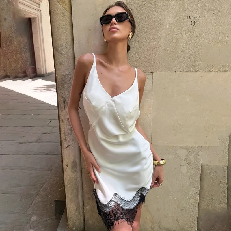 

Tuularose White Lace Dress Sexy V-neck Lace Patchwork Spaghetti Strap Dress Elegant Backless Luxurious Party Look Women's Dress