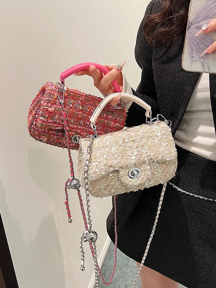 Women\'s Woolen Tweed Chain Crossbody Bags Autumn Winter New Sequin Small Square Handbags for Party Fashion Single Shoulder Bag