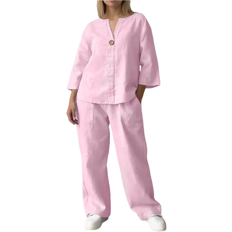 

FX-Womens Cotton Linen 2 Piece Sets V Neck Button Down Long Sleeve Shirt Wide Leg Trouser Sets With Pockets