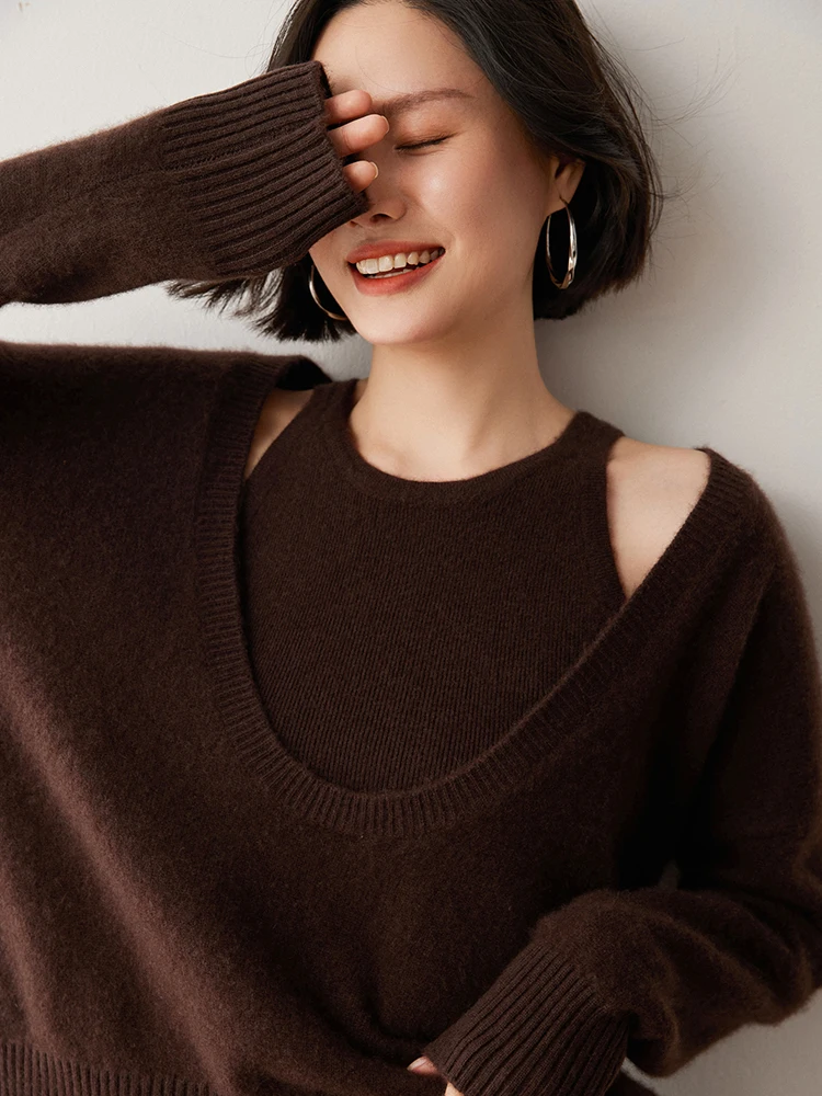 

Big U-Neck Pullover Sweater Women's 100% Cashmere Sweater Long Sleeve Knitwear Autumn Winter Warm Clothing Vest Two-piece Suite