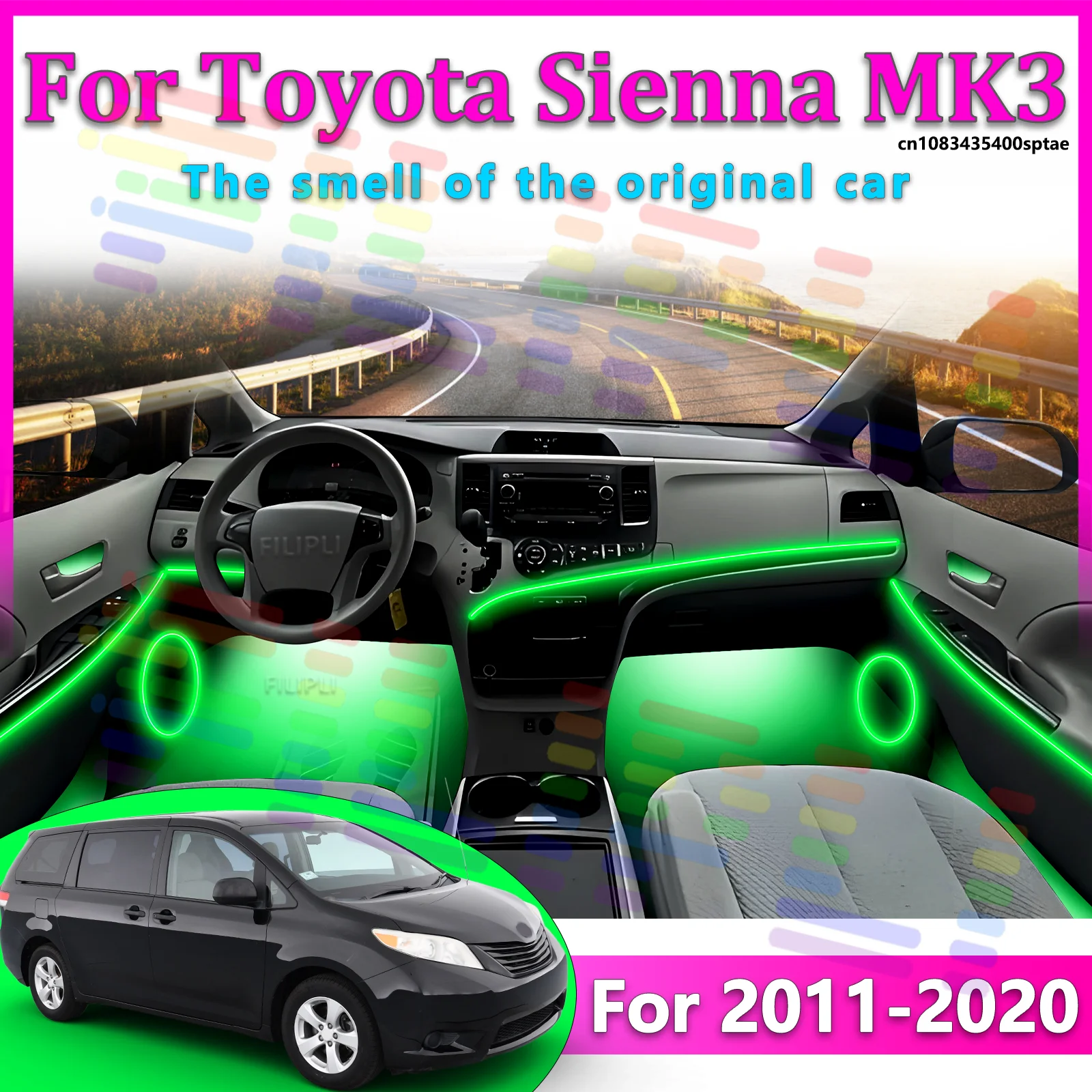 Luces LED Ambientales para Toyota Sienna 2011-2020, Luces de Atmósfera Coloridas, Tira de Neón Interior para Auto, Control por Aplicación, 64 Luces RGB