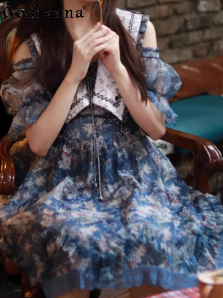 

Summer 2026 New Retro Ruffles Print Blue Short Sleeve Loose Dress Is It A Girls High Waist A-line Sexy Off-the-shoulder Dresses