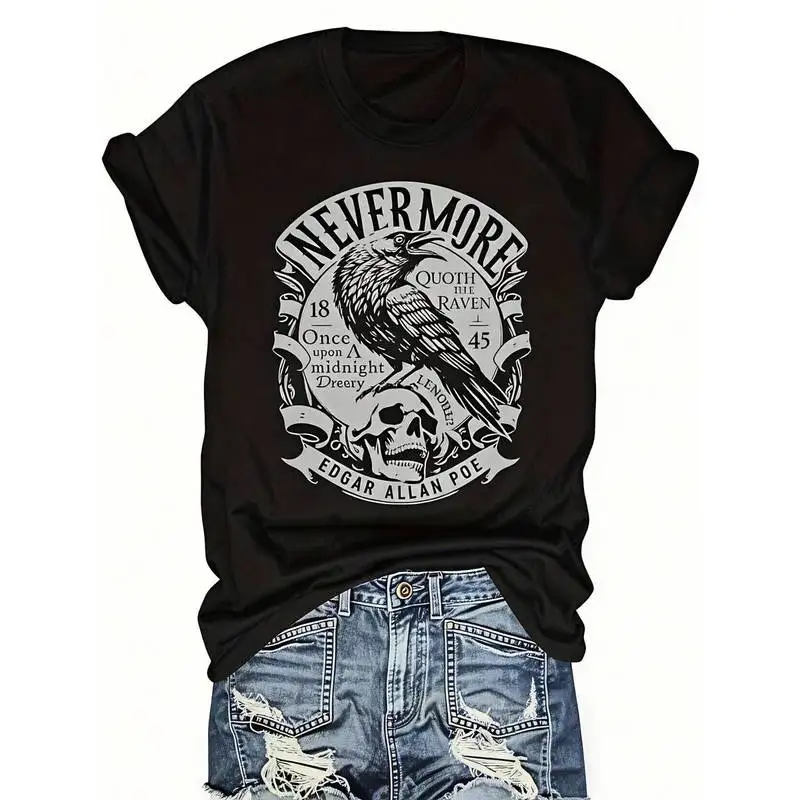 Women Nevermore The Raven Edgar Allan Poe Graphic T‑Shirt Crew Neck Short Sleeve Gothic Literature Casual Tee Tops   Can you rec