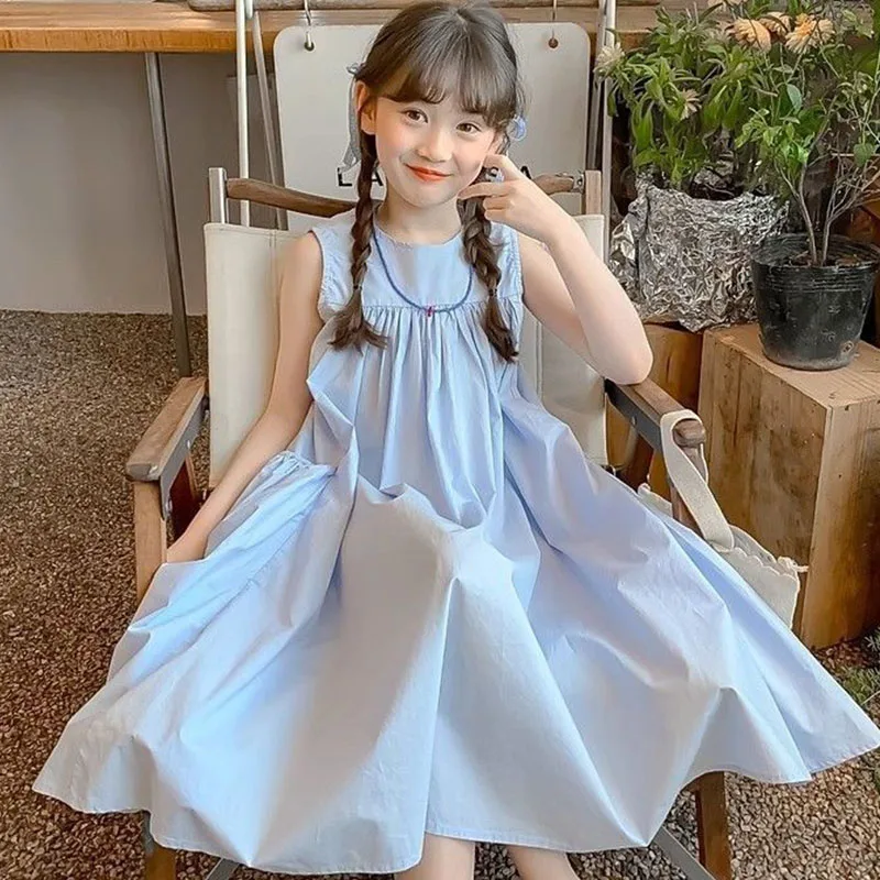 2 To 14 Years, Tween Girls Pink Dress Black Blue Clothes Little Girl Dress Sweet Kids Sleeveless Solid Dresses With Pockets