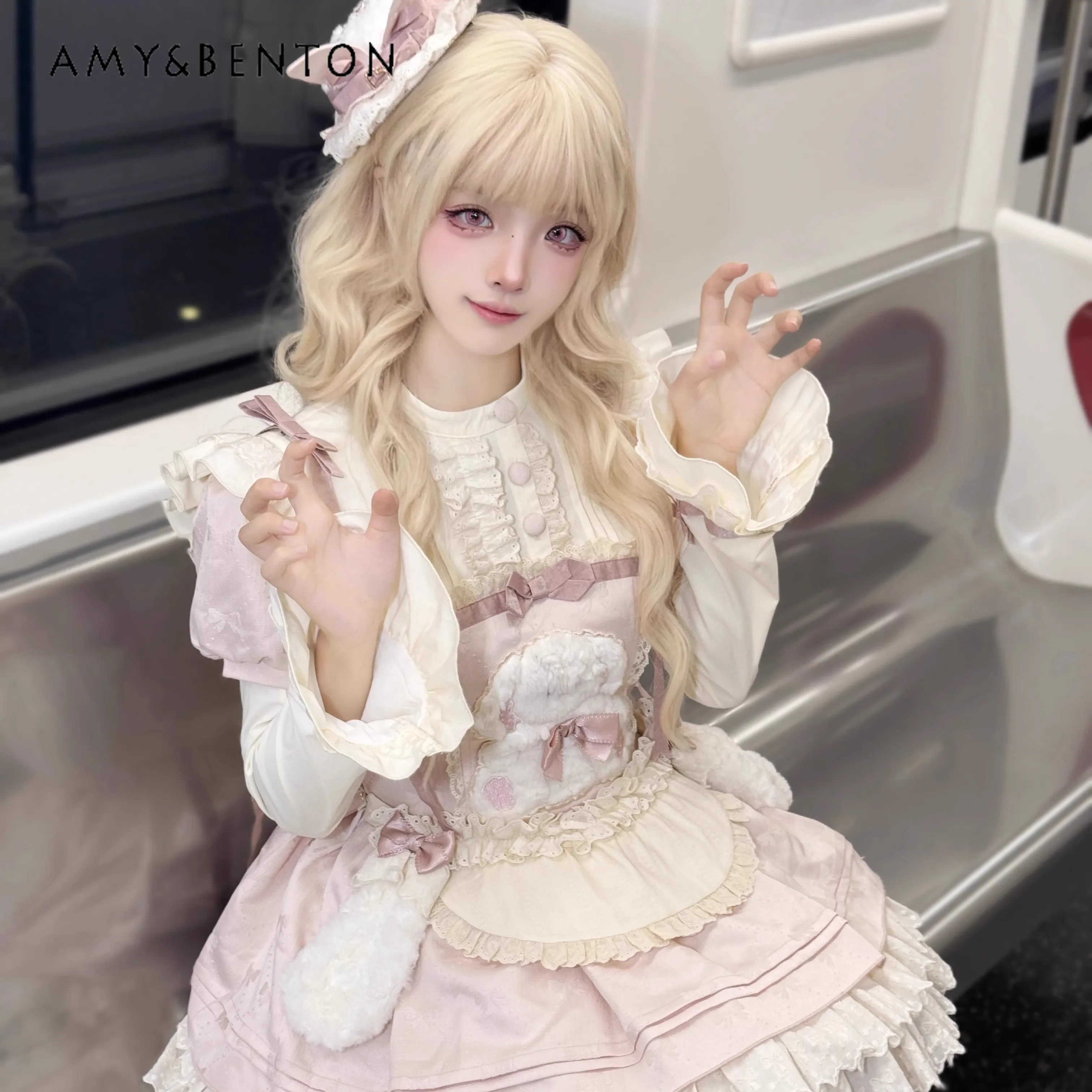 

2025 Summer New Japanese Style Women's Pink Yellow Lolita Sweet Soft Cute Rabbit Print Flutter Sleeve Short Dress