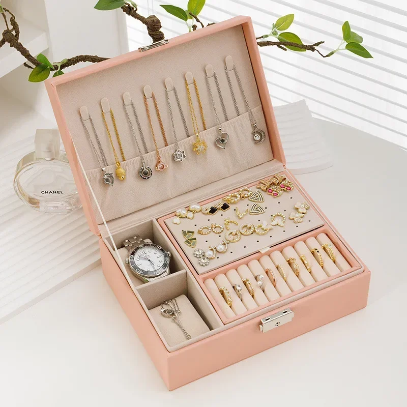 

2025 New Pink Jewelry Box Multi-layer with Lock Pu Leather Women Jewelry Packaging Earrings Ring Necklace Gift Storage Box