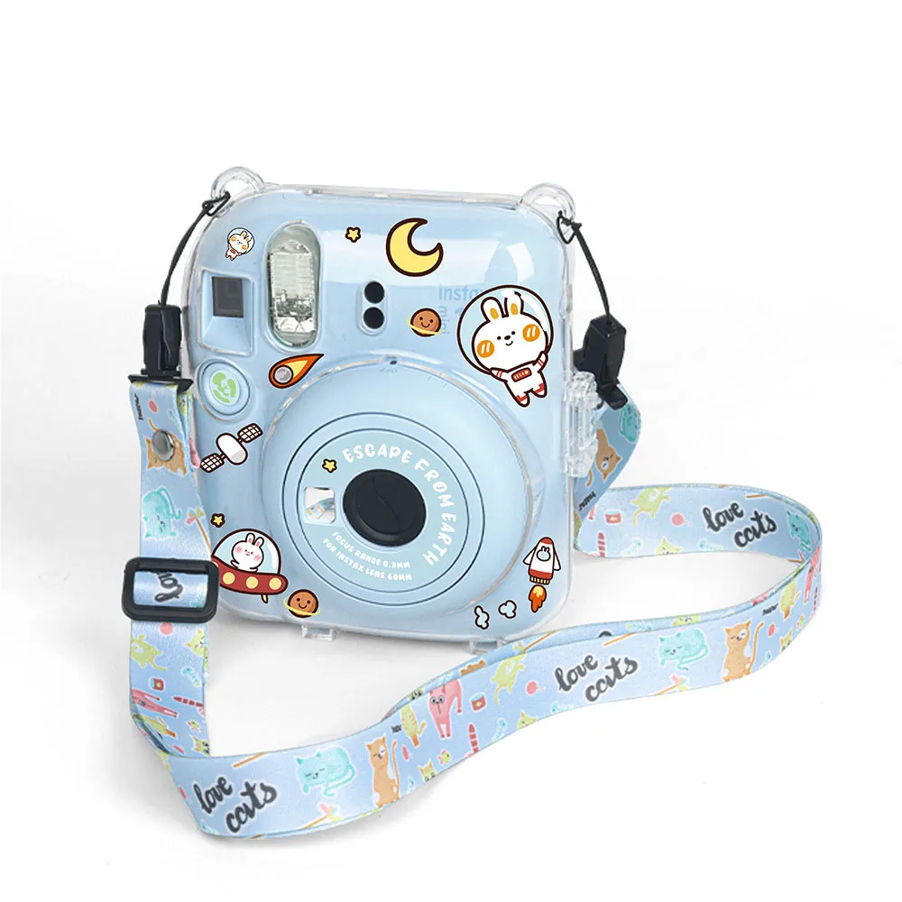 حقيبة كاميرا لـ Instax Mini 12 حافظة شفافة غطاء للحماية حزام الكتف حقيبة التخزين حزام حماية ملصق مجموعة من 3 قطع