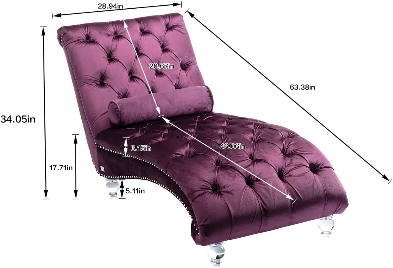 Velvet Chaise Lounge Chair with Toss Pillow, Modern Tufted Button Lounge Chair with Acrylic Legs, Upholstered Indoor