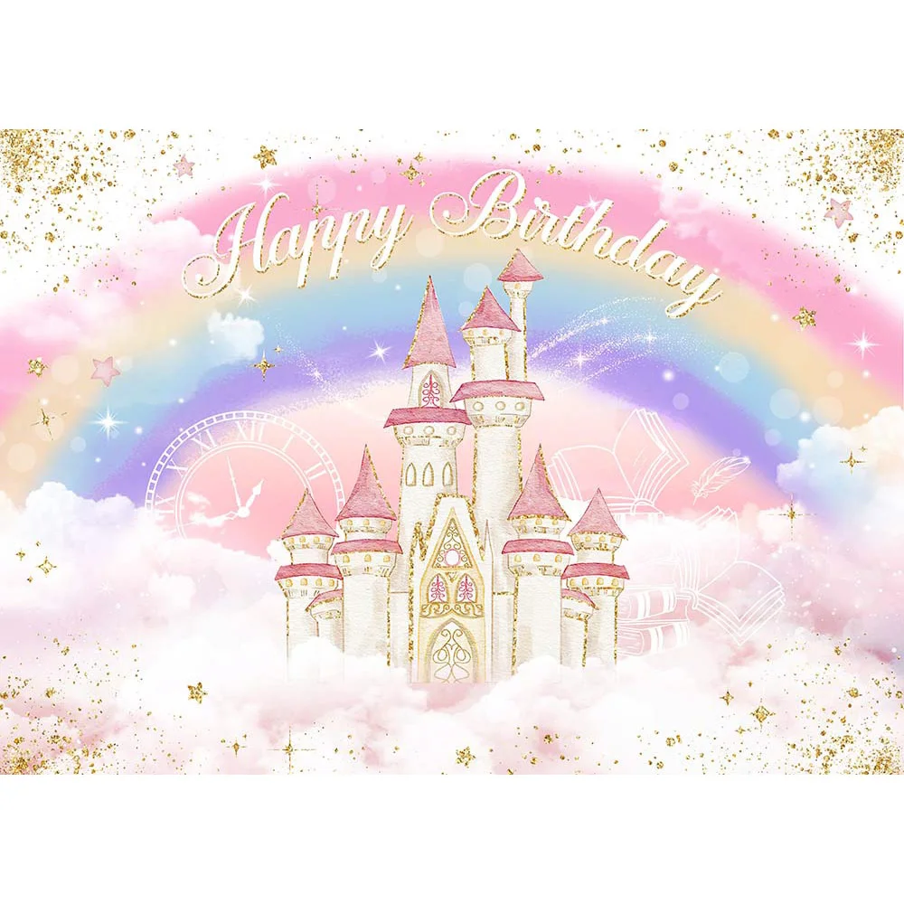 Pink Sweet Girl Baby Birthday Party Backdrop Magic Castle Rainbow Cloud Gold Dot Shiny Background Newborn Custom Photography Kit