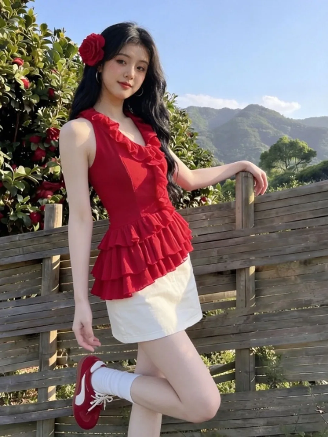 

Red Halter Skirt Set Unique Stylish Summer Fashion Women's Comfortable V-Neck Sleeveless Slim Fit Two-Piece Ensemble