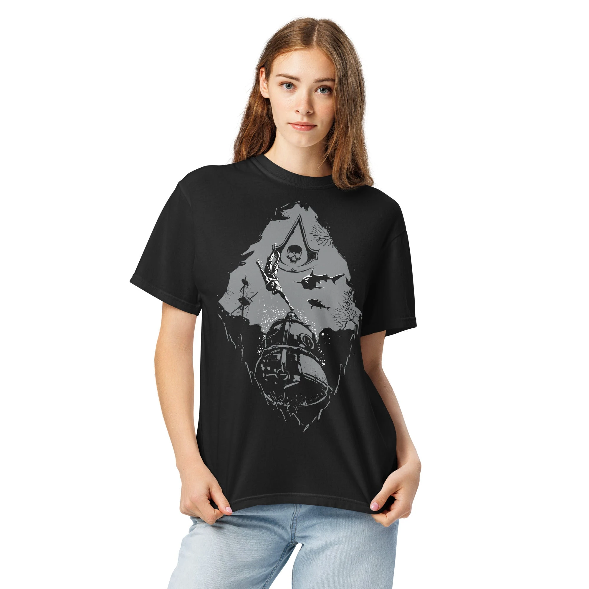 Camiseta informal con estampado de algodón de Art Black Flag Assassins Creed Game para hombre y mujer, ropa de calle de verano
