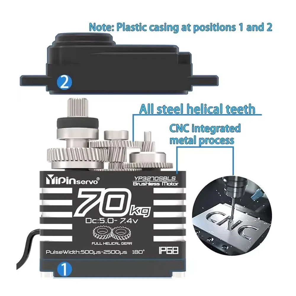 1/2PCS 70KG Large Torque Brushless Motor Digital Servo 8.4V Magnetic Induct Servos IP68 Steel Helical Gear For 1/8 1/10 RC Car view 4