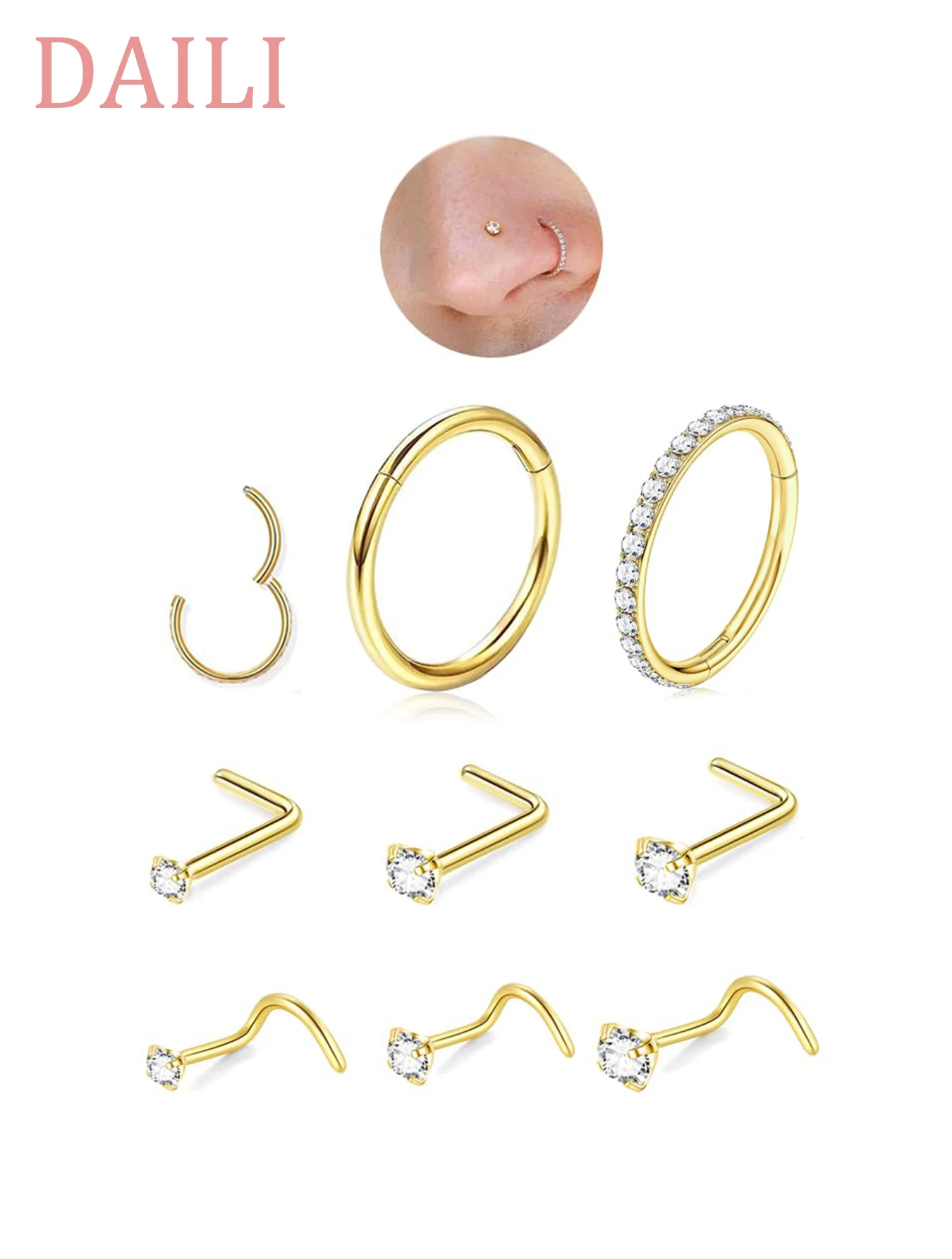8PCS Nose Stud and Hoop Set for Women Men Hypoallergenic Nose Body Piercing Jewelry，Perfect for Everyday Wear or As A Gift