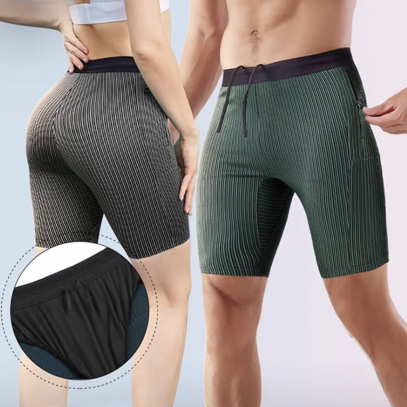 

2 in 1 Summer Marathon Compression Shorts Quick Dry Long Distance Running Training Tights Sports Women Men Gym Male Waist bag