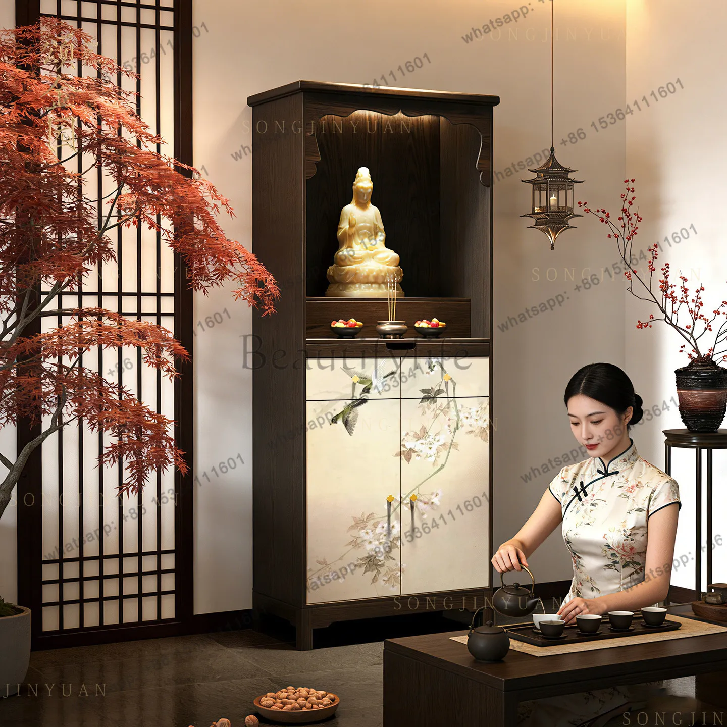 

LX new Chinese style happy eyebrows solid wood shrine cabinet for platform Shentai Guanyin God of Wealth cabinet