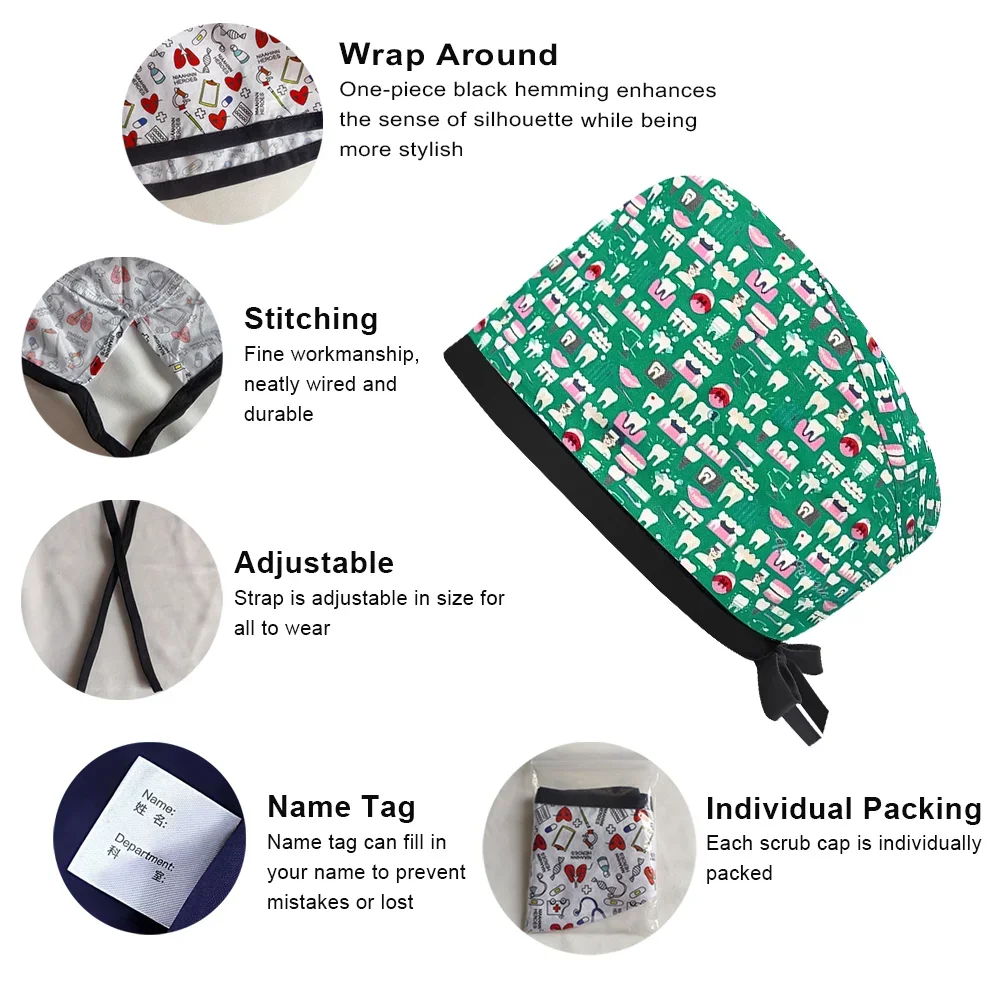 New Scrub Hat Adjustable Surgical Cap Medical Print   Multicolor Nurse Dentist SPA Working  Women Men Surgery Hats