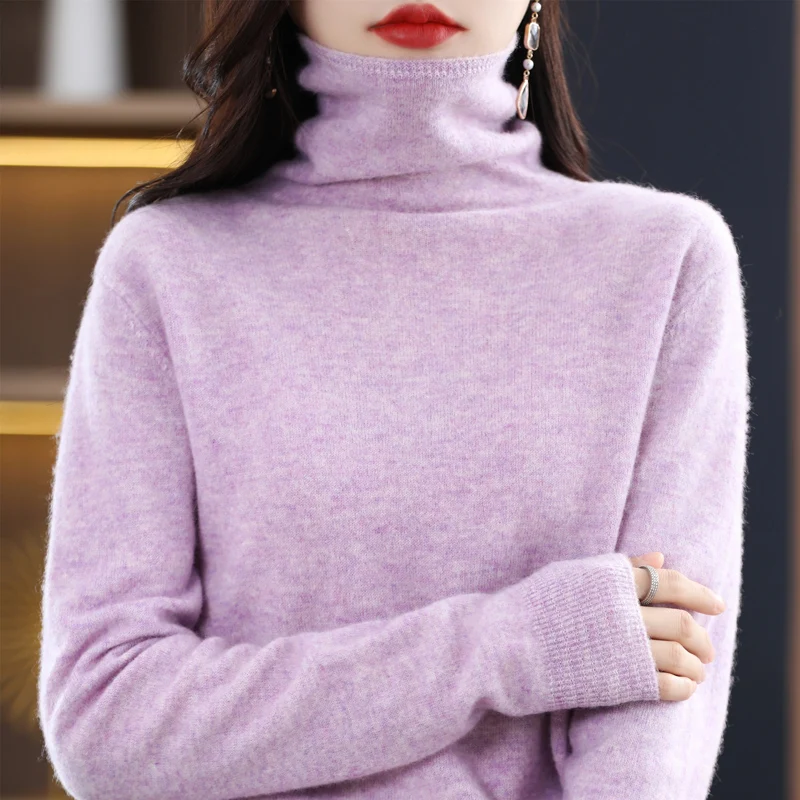 Jersey 100% de lana merina para mujer, suéter cálido para otoño/invierno 2023, suéter básico liso informal de Color sólido para mujer