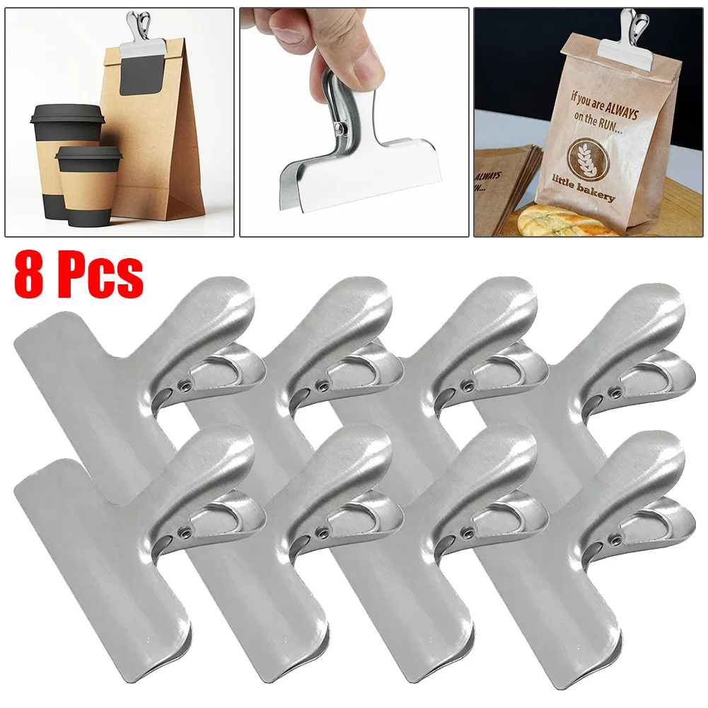 8pc Seal Clips Set Metal Bag Clips Ticket Folder Food Storage Sealing Clip Binder Clip Stainless Steel Food Clip File Bill Clip