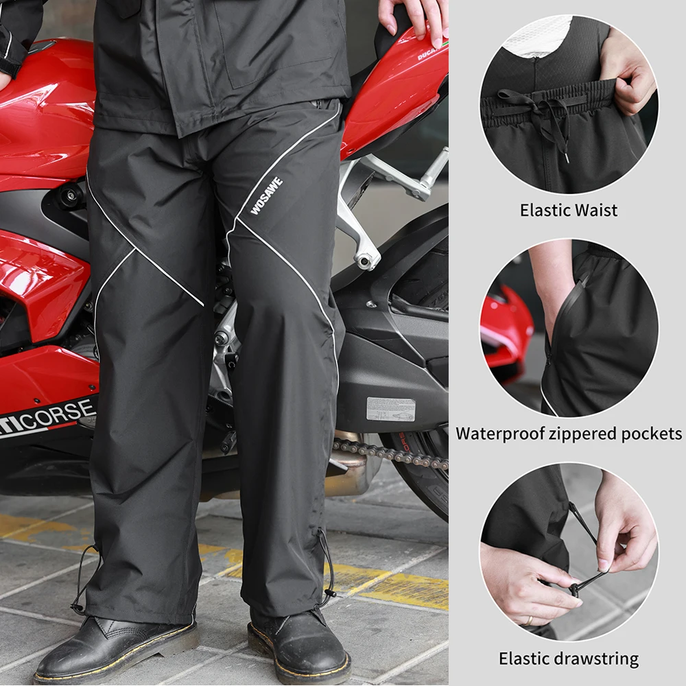 WOSAWE مقاوم للماء دراجة نارية السراويل الدراجات سكوتر دراجة الدراجين أيام المطر المطر السراويل المشي لمسافات طويلة الصيد المطر بنطلون عاكس