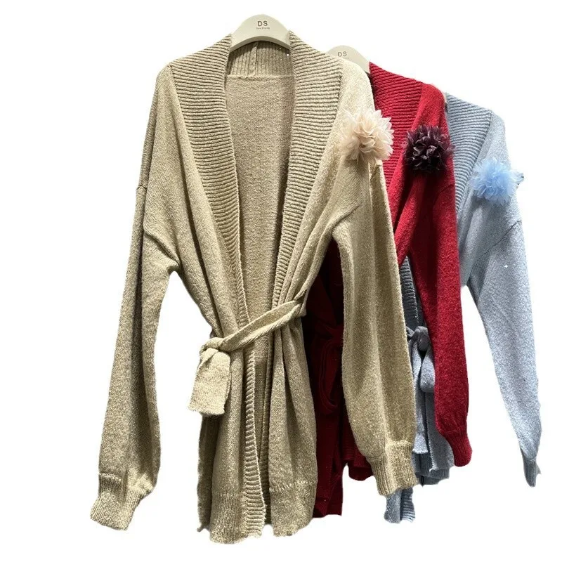 [ZOCI] French Loose Style Knitted Cardigan Women's Autumn Winter New Waist Cinched Mid Length Sweater