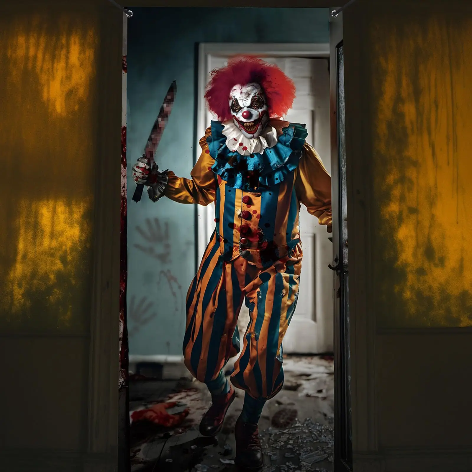 VIKAMA Horror Clown gebrochene Tür Wandteppich Blut Messer Tür Vorhang Halloween Thriller dunkler Wind Atmosphäre Dekoration
